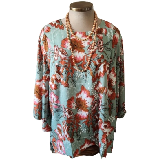 MILLENIUM ☆ SEAFOAM GREEN & RUST ☆ SHARKBITE ☆ FLORAL TUNIC TOP ☆ NIP - Picture 5 of 11
